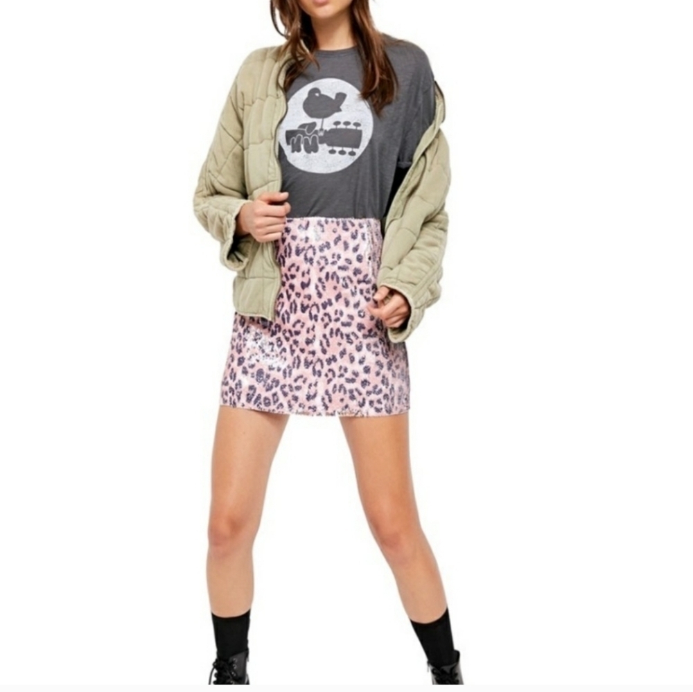 Free People Leopard Pink Cheetah Sequin Mini Skirt
